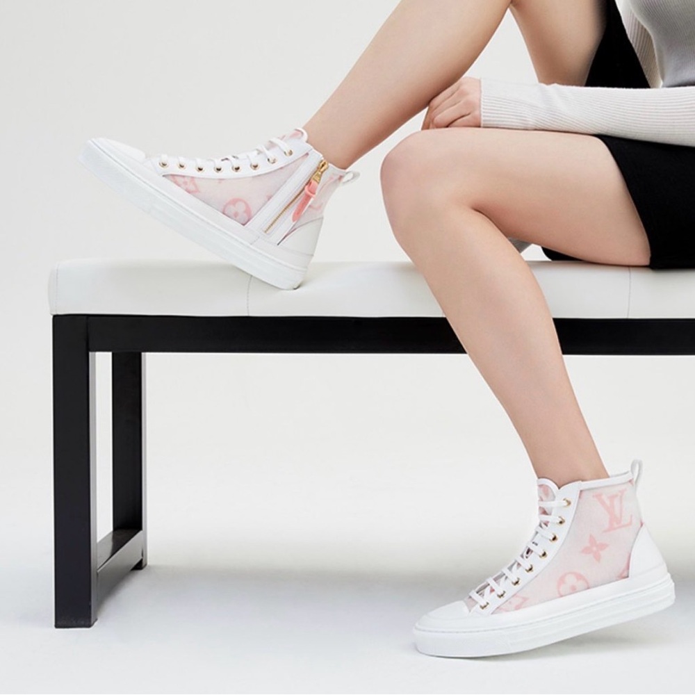 Louis Vuitton Stellar Sneakers Pink White LV Logo Monogram High Top Shoes 36.5